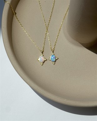 925 Gümüş Opal Taşlı Pera Madalyon Kolye - Mavi Opal & Beyaz Opal